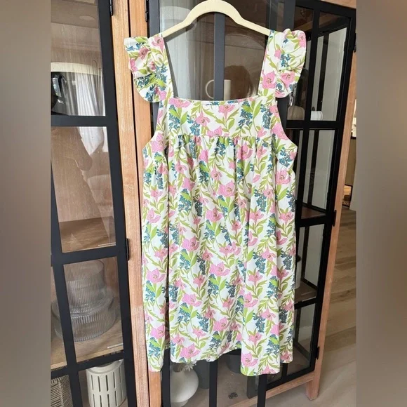 Linen floral block print babydoll mini dress ruffle pyjama square neck flutter - Picture 2 of 14